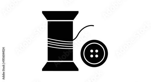 Black silhouette of a thread spool with needle and button, sewing concept