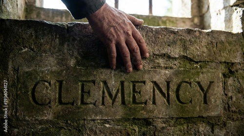 An old weathered hand rests on a historic stone wall carved with the word Clemency.