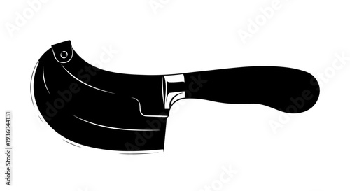 Black Silhouette of a Mezzaluna Knife with Wooden Handle on White Background