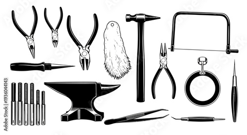 Blacksmith Tools and Equipment Set: Anvil, Hammer, Pliers, Saw, Tongs