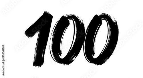 Bold Black Number 100 Written with Brush Strokes on White Background