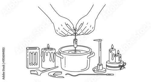 Candle Making Process: Hands Dipping Wick in Hot Wax