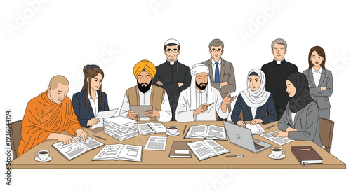 Diverse religious leaders and business professionals in varied attire are gathered around a large wooden table, actively discussing and working with documents and a laptop.