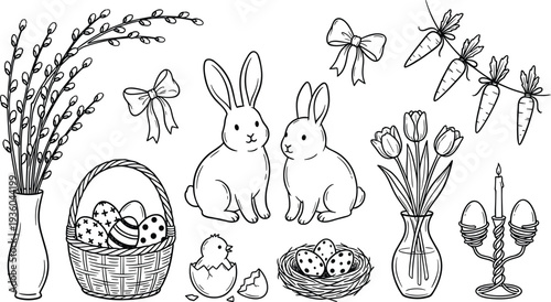Easter bunny illustration set, spring holiday elements with rabbits eggs basket flowers carrots candle and decorative line art collection