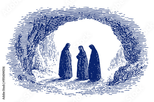 Three women visiting the empty tomb of jesus at sunrise in vintage woodcut style