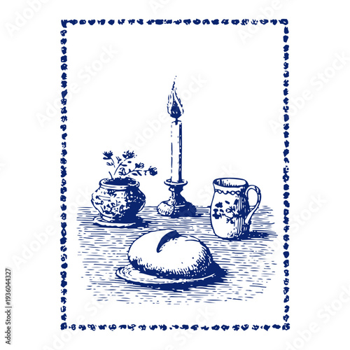 Traditional still life with bread and candle inside a decorative border for easter