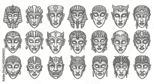 Collection of Ancient Egyptian and Tribal Masks - Hand Drawn Vector Art