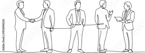 Continuous one line drawing of business people connected by lines, business networking and connection concept, one line art icon drawing vector