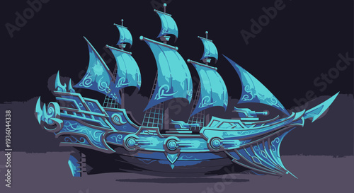 Fantasy Airship Galleon, Detailed Blue Steampunk Vessel in Flight