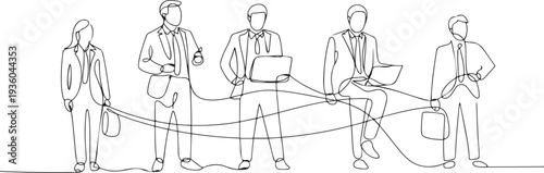 Continuous one line drawing of business people connected by lines, business networking and connection concept, one line art icon drawing vector