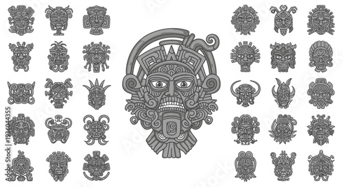 Collection of Ancient Mesoamerican Tribal Masks and Symbols