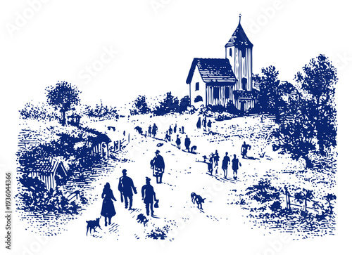 Village people walking on a path towards the local church in vintage woodcut style
