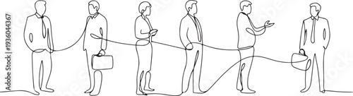 Continuous one line drawing of business people connected by lines, business networking and connection concept, one line art icon drawing vector