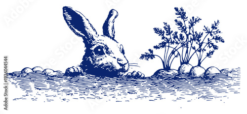 Cute easter bunny rabbit peeking from a burrow in a garden with carrots woodcut illustration