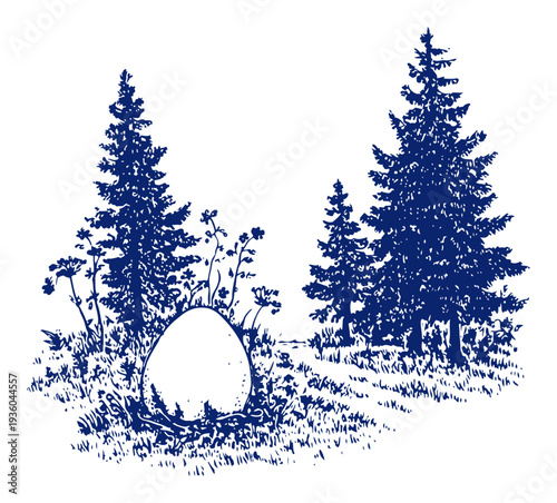 Large decorated easter egg placed in a clearing among pine trees in vintage woodcut style