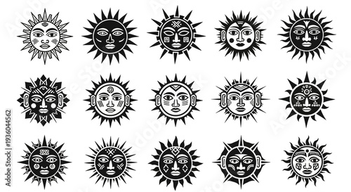 Collection of Diverse Sun Face Icons, Tribal Ethnic Amulets, Astrology Symbols