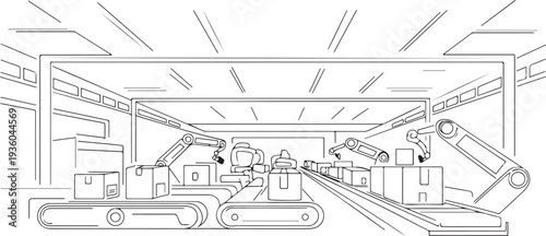 Factory Parcel Center Robots Line Art. Industry and technology. one line art icon drawing vector