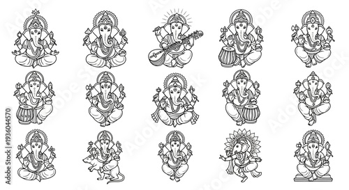 Collection of Ganesha Icons, Hindu God Illustrations, Auspicious Symbols