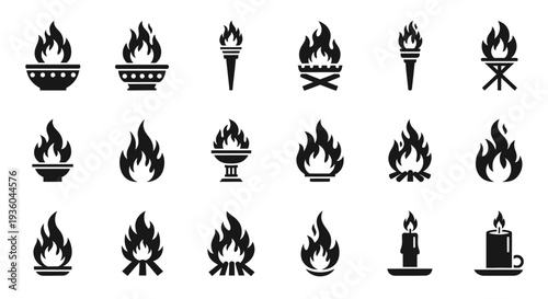 Collection of Fire Icons and Symbols: Flames, Torches, Candles, Bonfires