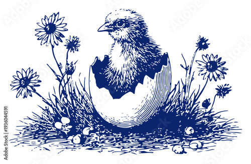 Adorable baby chick hatching from an eggshell in a garden with daisies vintage illustration