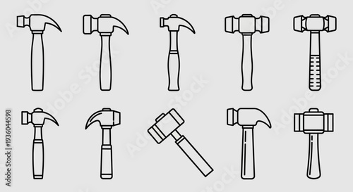 Collection of Hammer Icons, Various Types, Line Art Style, Isolated on Gray Background