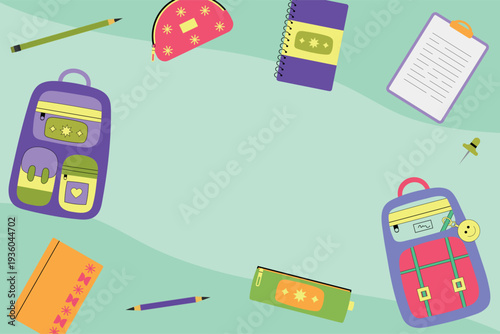 Back to school design. 
Vector turquoise background with school supplies: school bags, notebooks, pencils, exercise books and organizer.