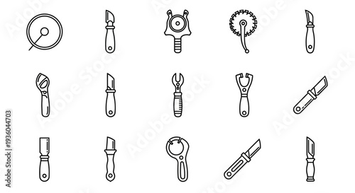 Collection of Hand-Drawn Tool Icons: Knives, Wrenches, Can Opener, Gear
