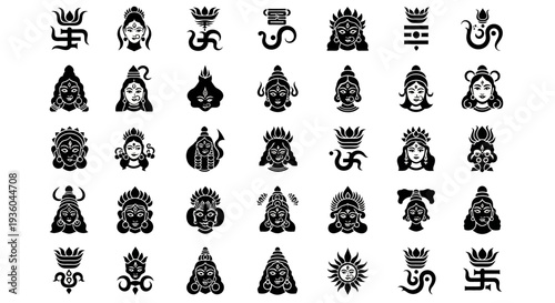 Collection of Hindu Deities and Symbols Icons Vector Art