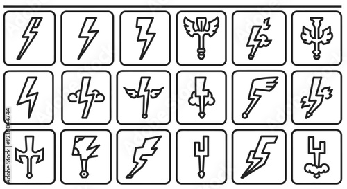 Collection of Lightning Bolt Icons and Symbols in Line Art Style