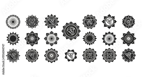 Collection of Indian Chakra Symbols, Sacred Geometry, Black and White Line Art