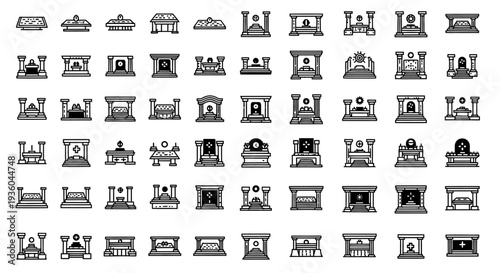 Collection of Mausoleum and Tomb Icons, Cemetery and Funeral Vector Graphics