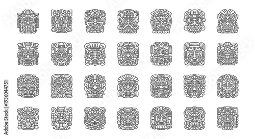 Collection of Mayan Masks Vector Icons - Ancient Civilization Art