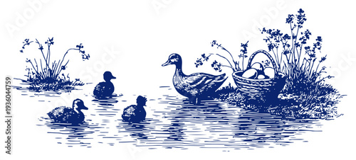 Beautiful pond scene with a duck and ducklings swimming near a basket of eggs