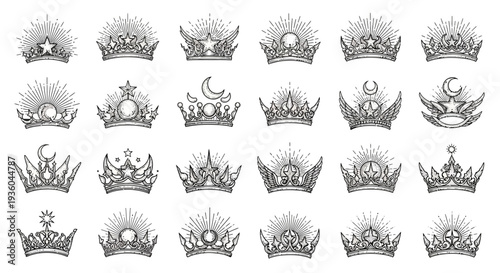 Collection of Ornate, Hand-Drawn Crowns and Tiaras with Celestial Elements