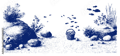 Underwater landscape with fish swimming near a basket of eggs in vintage woodcut style