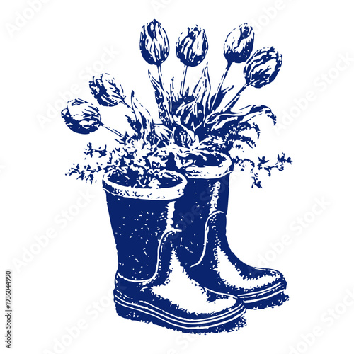 Charming vintage woodcut illustration of spring tulips growing in rubber rain boots