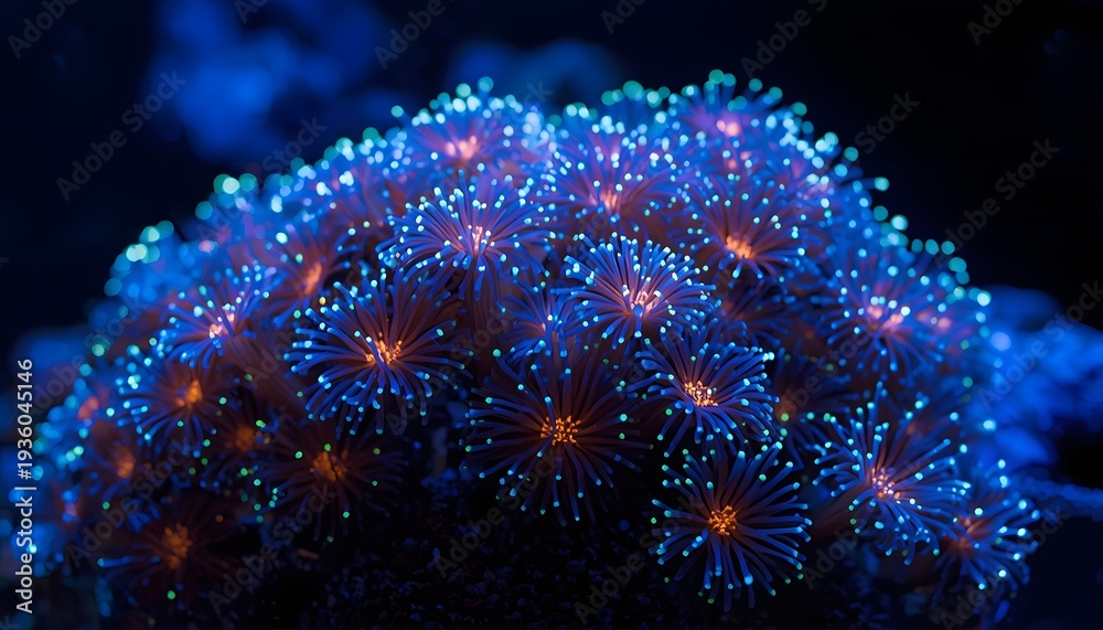 Fototapeta premium Vibrant blue coral reef with glowing tentacles underwater
