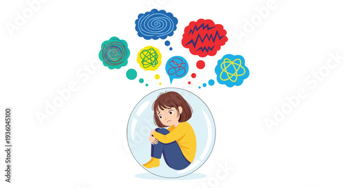 A small, sad girl with brown hair sits curled inside a transparent bubble, surrounded by numerous chaotic, colorful thought bubbles above her head.