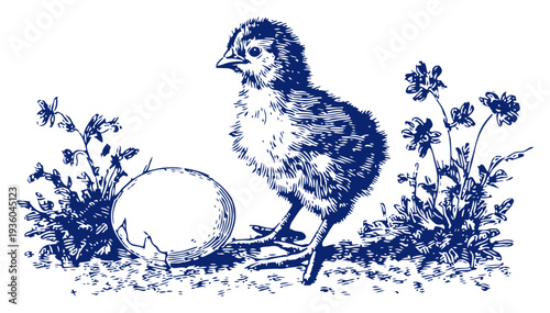 Small baby chick standing in a meadow next to a cracked egg and wild flowers