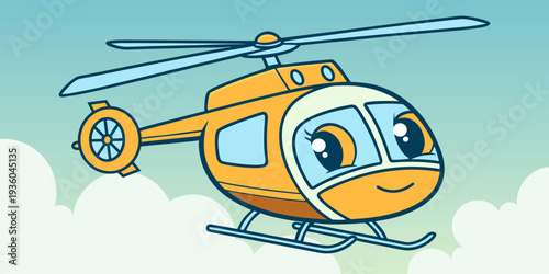 Playful yellow helicopter in flat cartoon style. Aviation transport vector illustration suitable for children books, education materials and travel graphics.