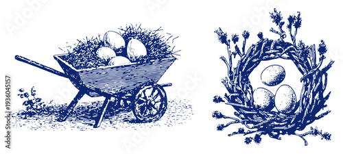 Vintage engraving of a garden wheelbarrow and a bird nest filled with easter eggs