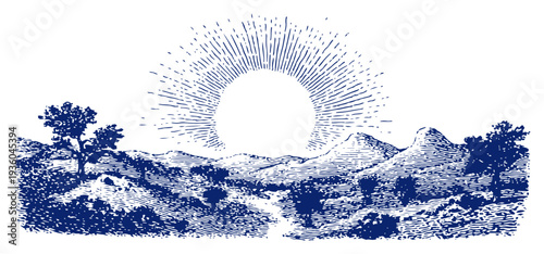 Scenic vintage engraving of a radiant sunrise over a peaceful mountain landscape