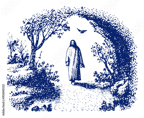 Resurrection scene of Jesus Christ walking out of the tomb archway vintage woodcut