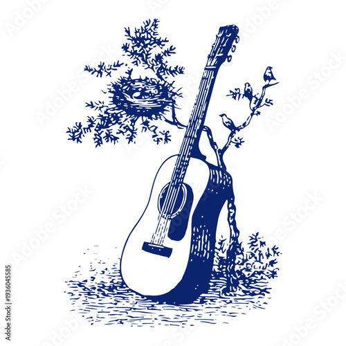 Acoustic guitar leaning against a branch with a bird nest in vintage sketch style