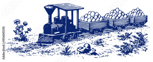 Small vintage train locomotive carrying wagons full of easter eggs in woodcut style