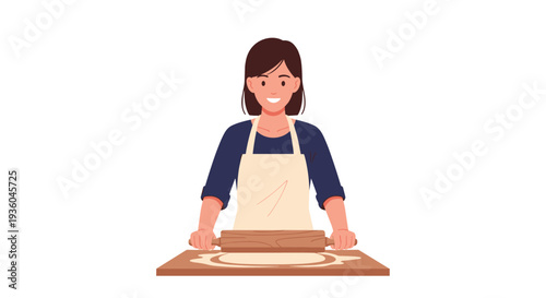 A smiling woman wearing an apron is actively rolling out dough with a wooden rolling pin on a cutting board against a white background.