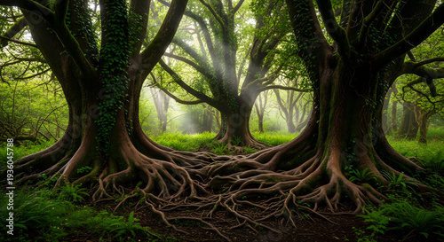 A serene forest landscape with ancient trees and intertwined roots