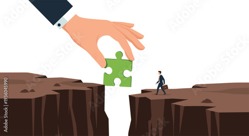 A giant hand is placing a green puzzle piece to bridge a chasm between two brown cliffs where a businessman waits.