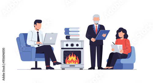 Three people are in a room: a man on a laptop, an older man with documents, and a woman writing, with a fireplace and books between them.