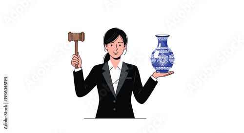 A smiling female auctioneer in a black suit is holding a wooden gavel in one hand and a blue and white patterned vase in the other.